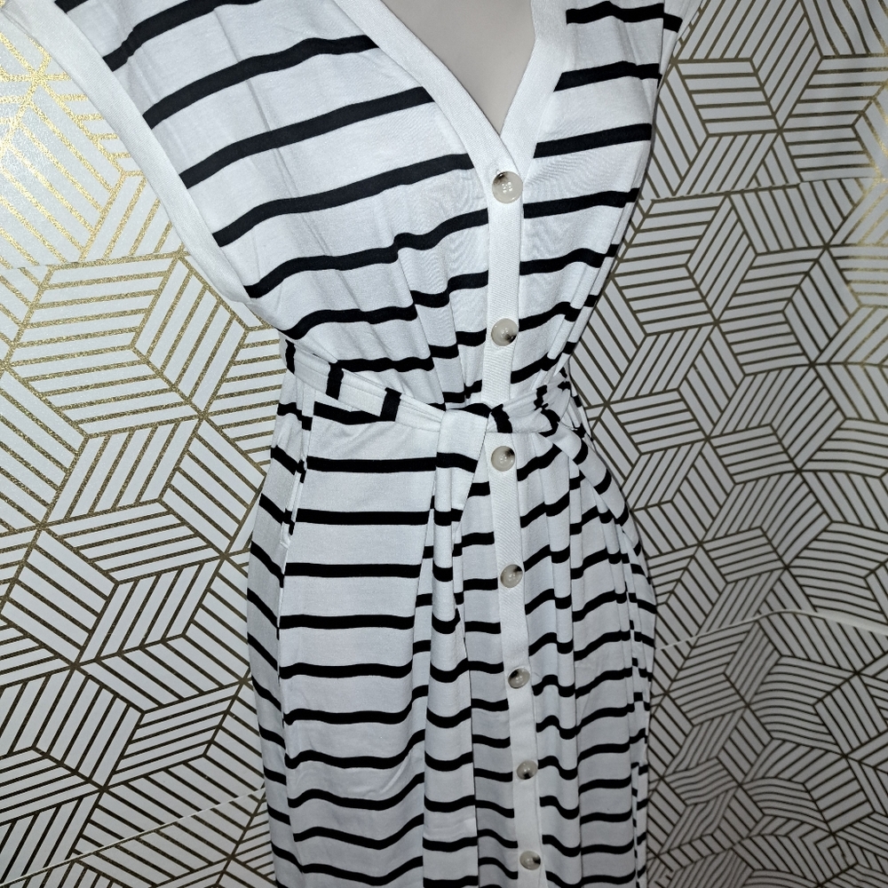 Striped Button Slit Tie V-Neck Midi Dress - Picture 3 of 6